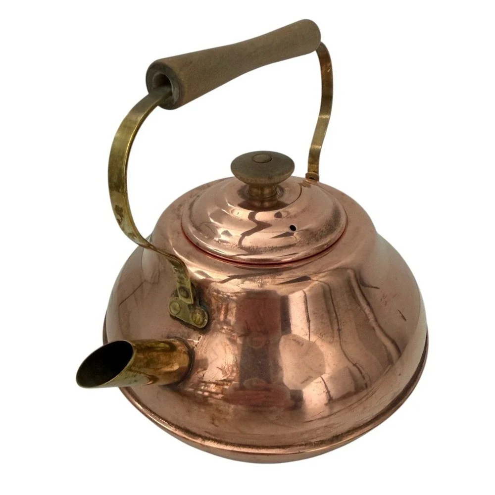 Vintage Hammered Spartan Copper Tea Kettle Stovetop Pot Brass Handle Wood Grip